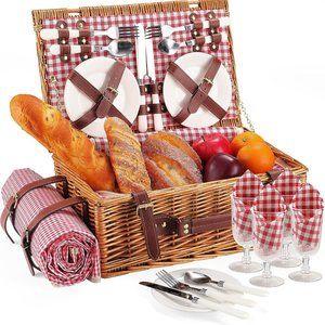 HYBDAMAI Willow Picnic Basket Set for 4 Persons with Waterproof Picnic Blanke